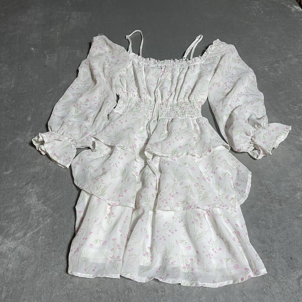 Rue 21 Dress Womens XXS White Pink Floral Tiered‎ Cold Shoulder Smocked Cottage